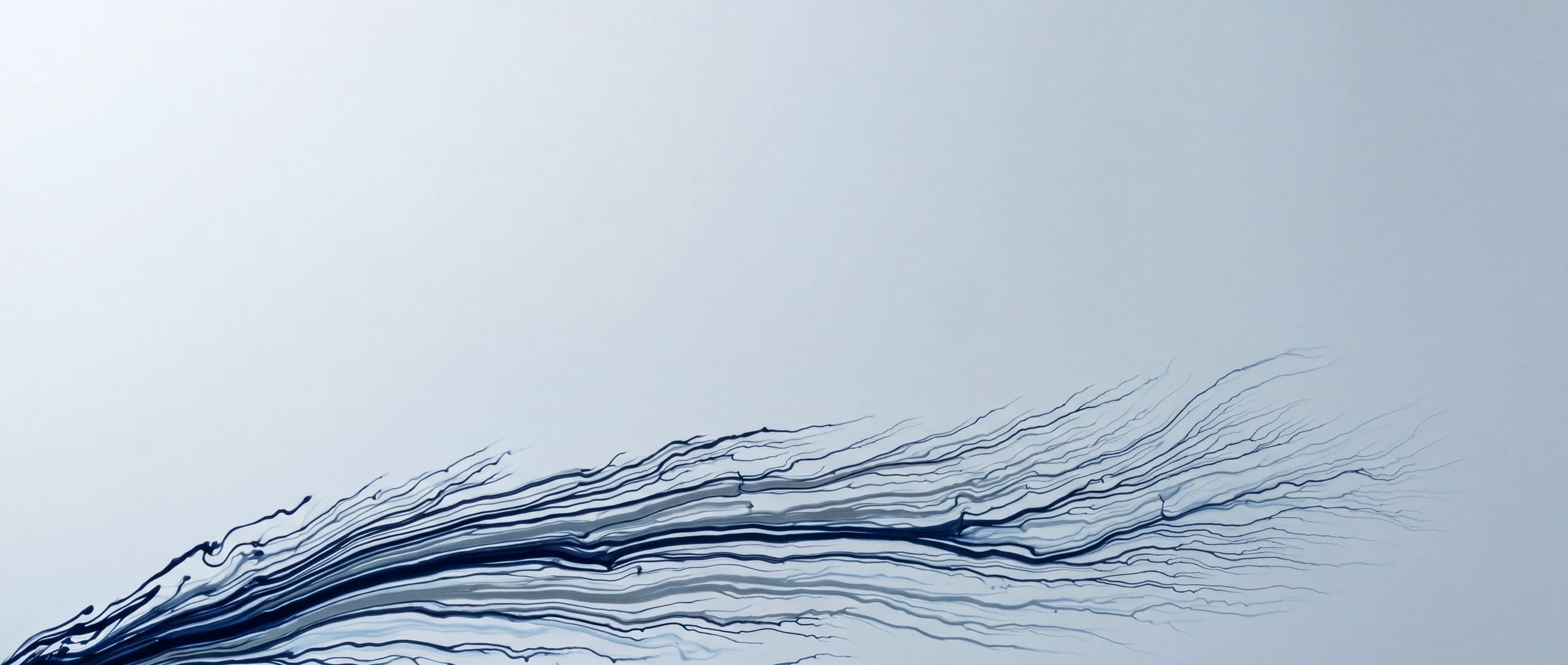 Deep navy ink drawn out into fine filament currents through still pale water, the field above left open