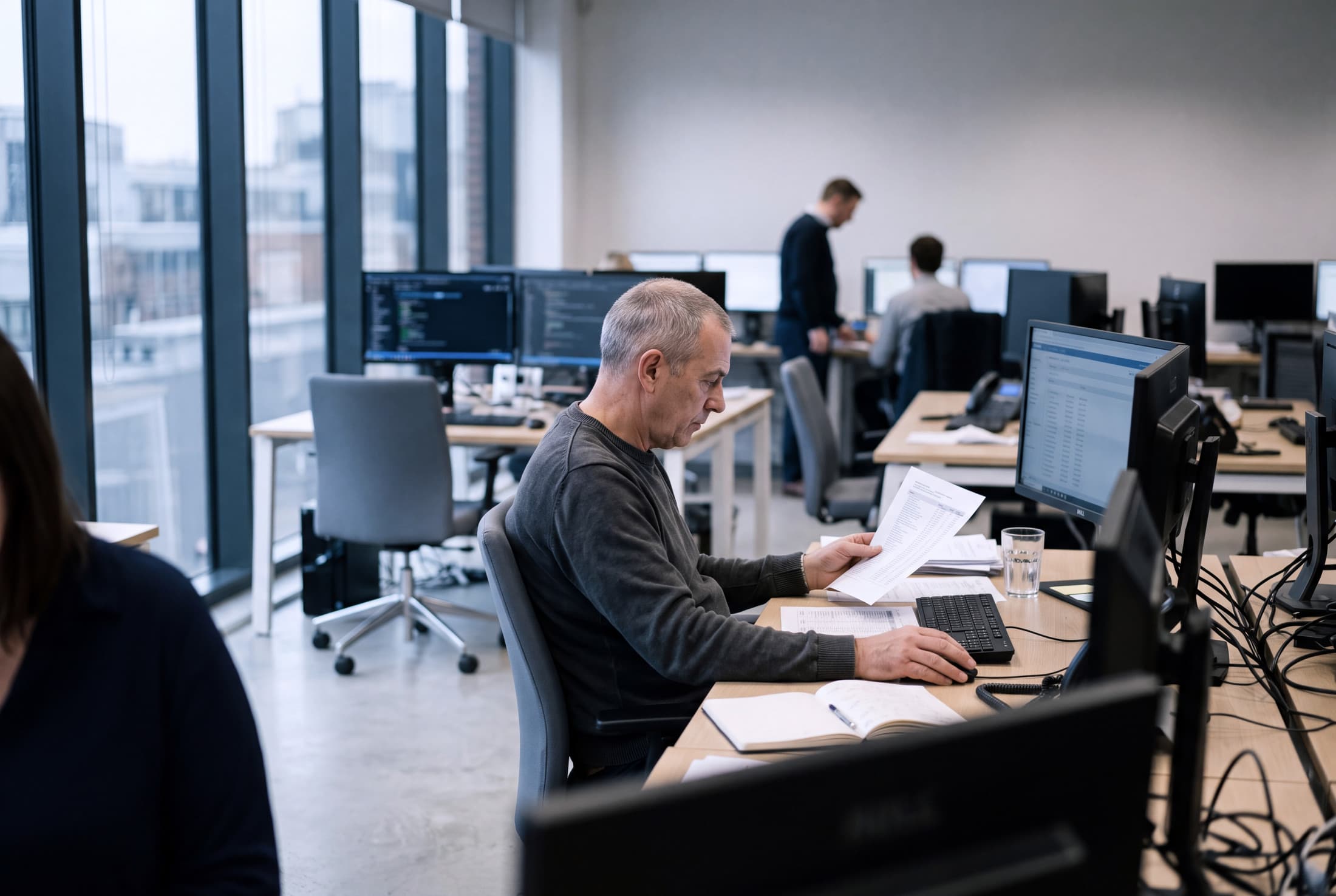 A desk beside a window on the operations floor